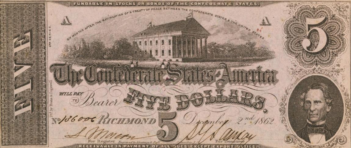 Front of Confederate States of America p51d: 5 Dollars from 1862