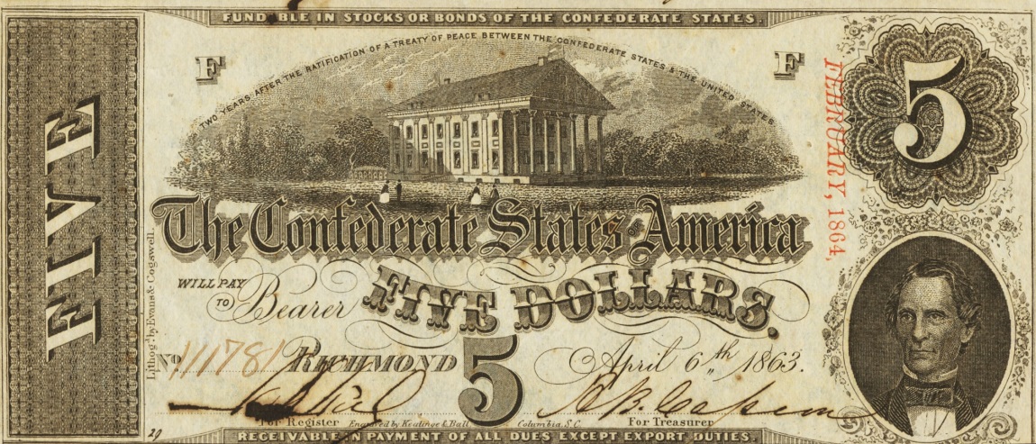 Front of Confederate States of America p59c: 5 Dollars from 1863