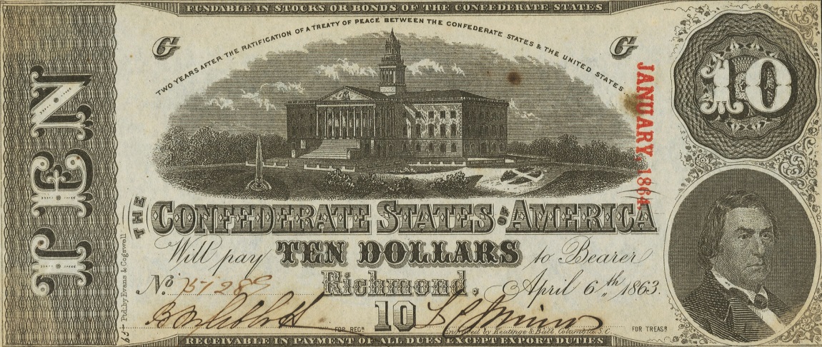 Front of Confederate States of America p60a: 10 Dollars from 1863
