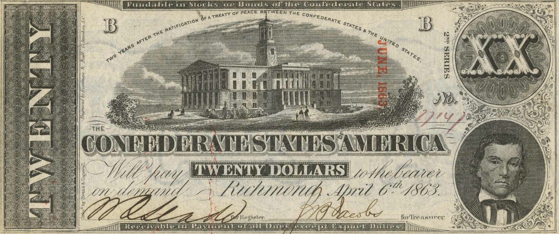Front of Confederate States of America p61b: 20 Dollars from 1863