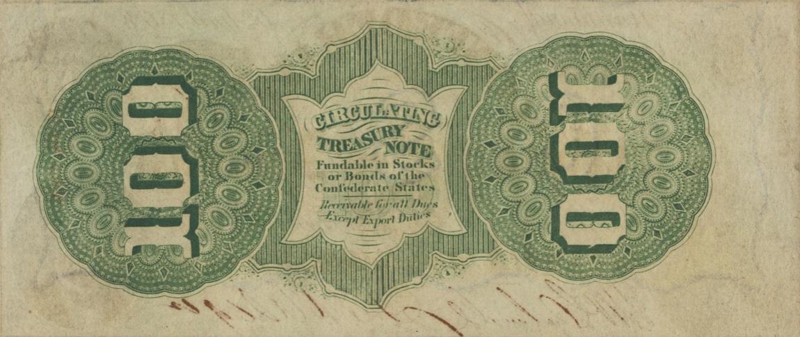 Back of Confederate States of America p63: 100 Dollars from 1863