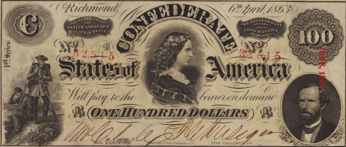 Front of Confederate States of America p63: 100 Dollars from 1863