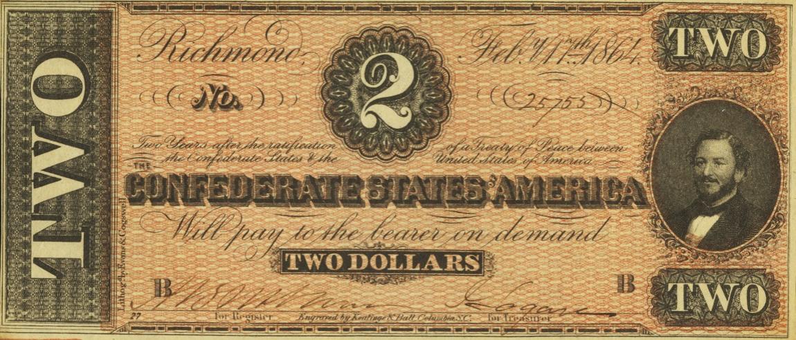Front of Confederate States of America p66c: 2 Dollars from 1864