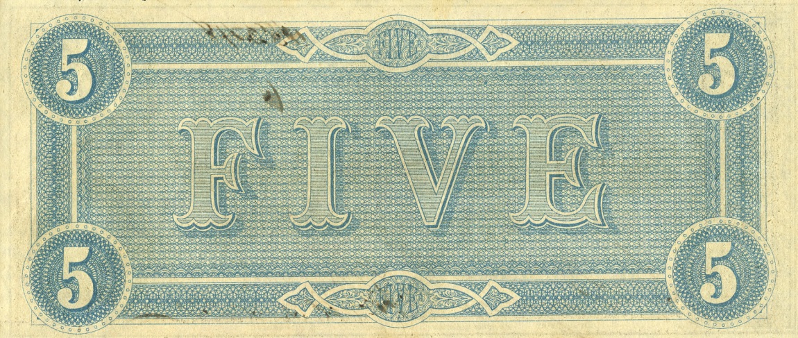 Back of Confederate States of America p67: 5 Dollars from 1864
