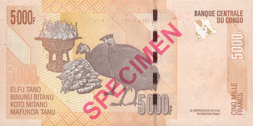 Back of Congo Democratic Republic p102s: 5000 Francs from 2005