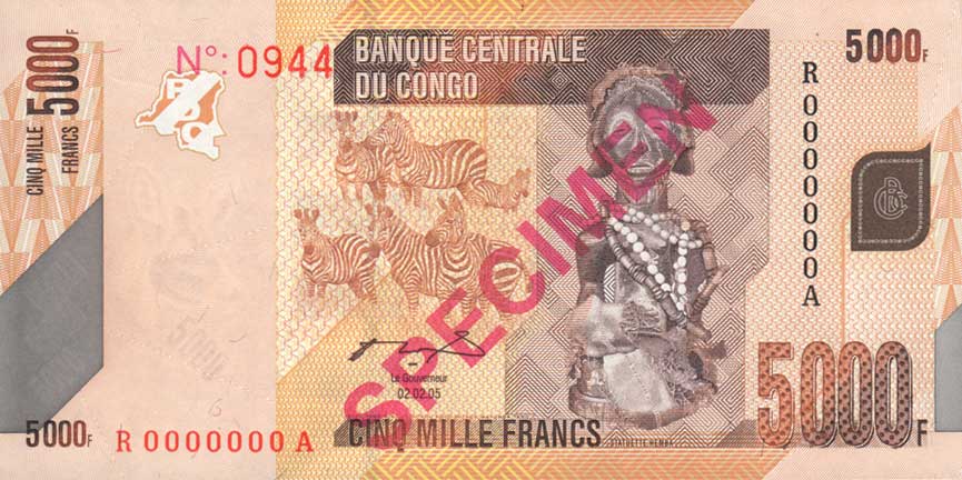 Front of Congo Democratic Republic p102s: 5000 Francs from 2005