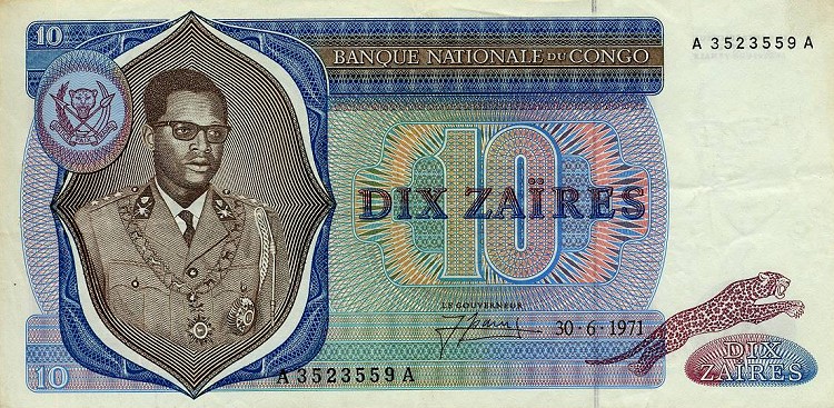 Front of Congo Democratic Republic p15a: 10 Zaires from 1971