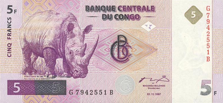 Front of Congo Democratic Republic p86A: 5 Francs from 1997