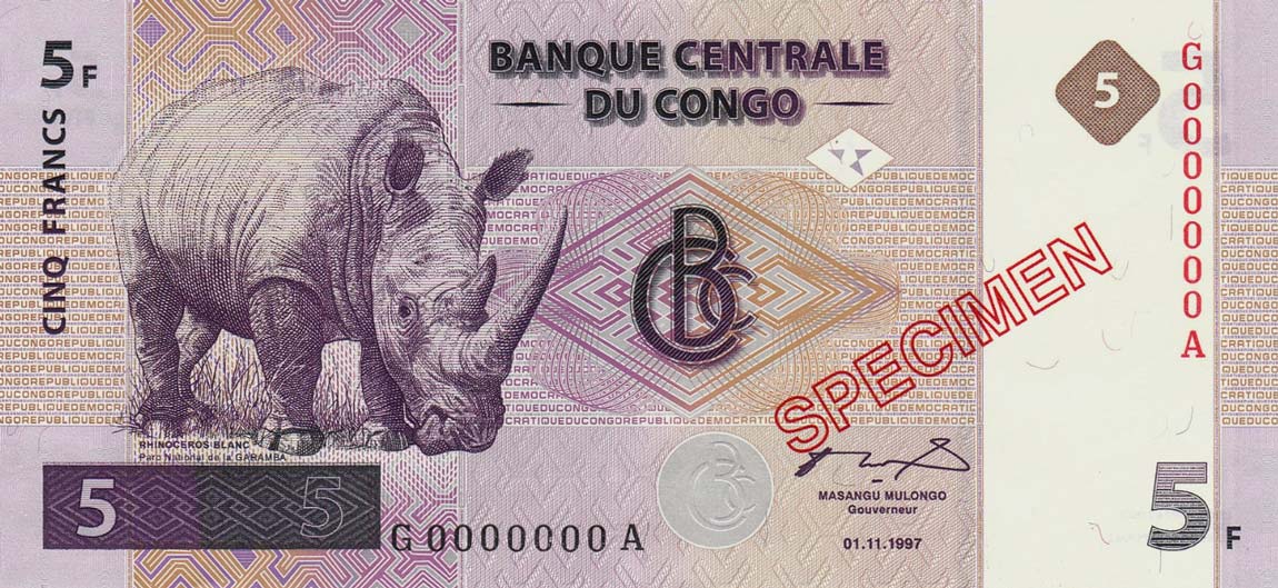 Front of Congo Democratic Republic p86s: 5 Francs from 1997