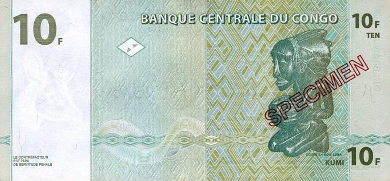 Back of Congo Democratic Republic p87s: 10 Francs from 1997