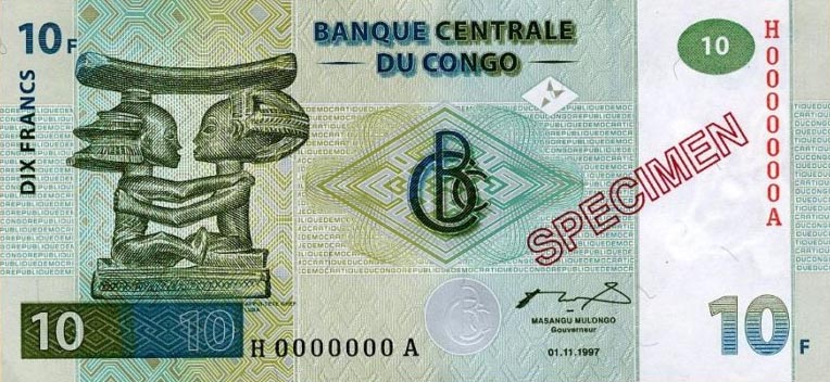 Front of Congo Democratic Republic p87s: 10 Francs from 1997