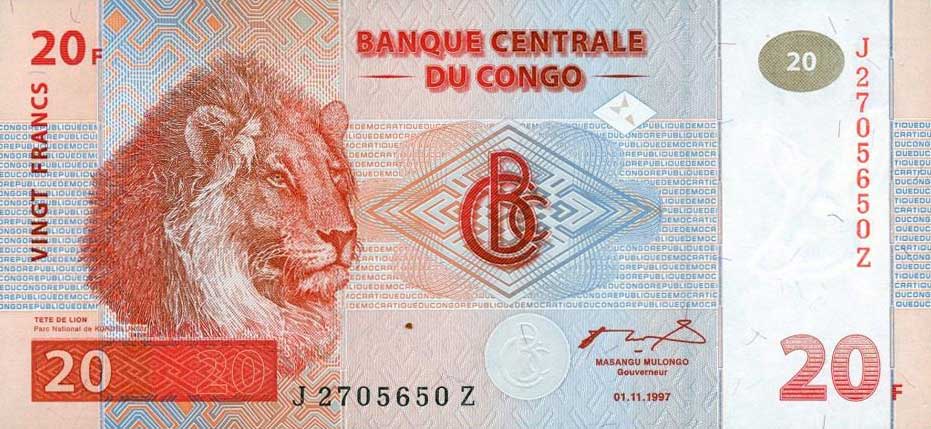 Front of Congo Democratic Republic p88a: 20 Francs from 1997