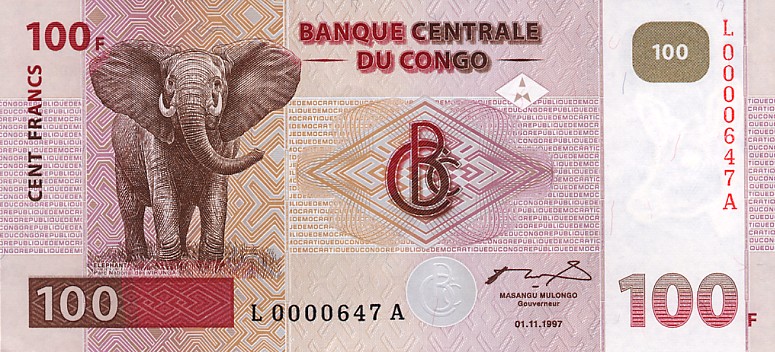 Front of Congo Democratic Republic p90a: 100 Francs from 1997