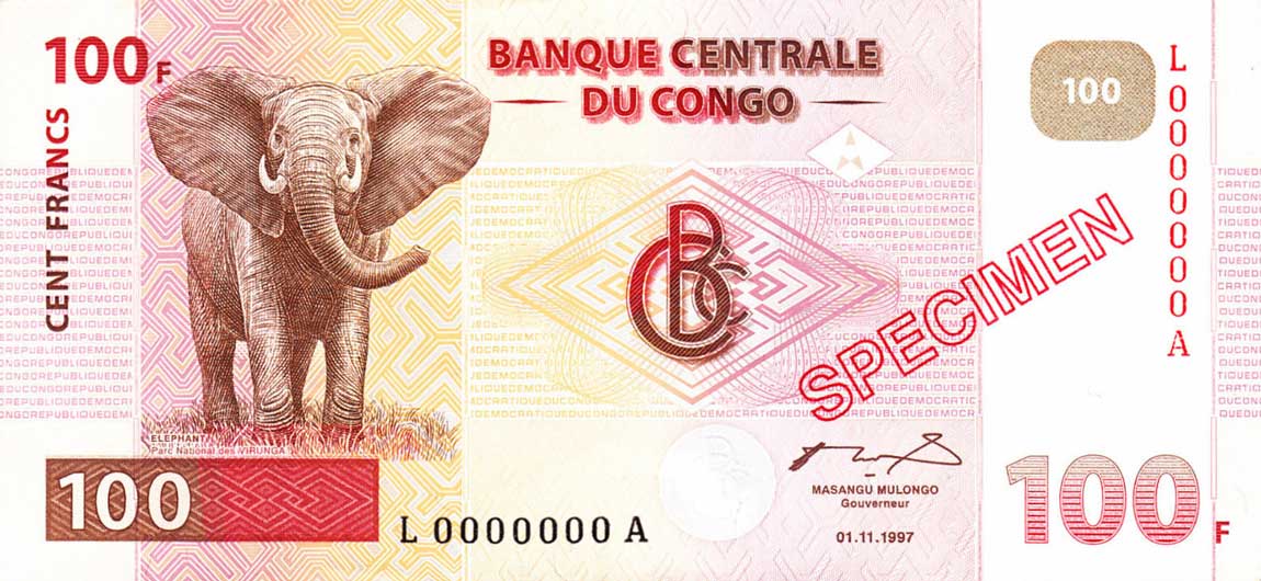 Front of Congo Democratic Republic p90s: 100 Francs from 1997