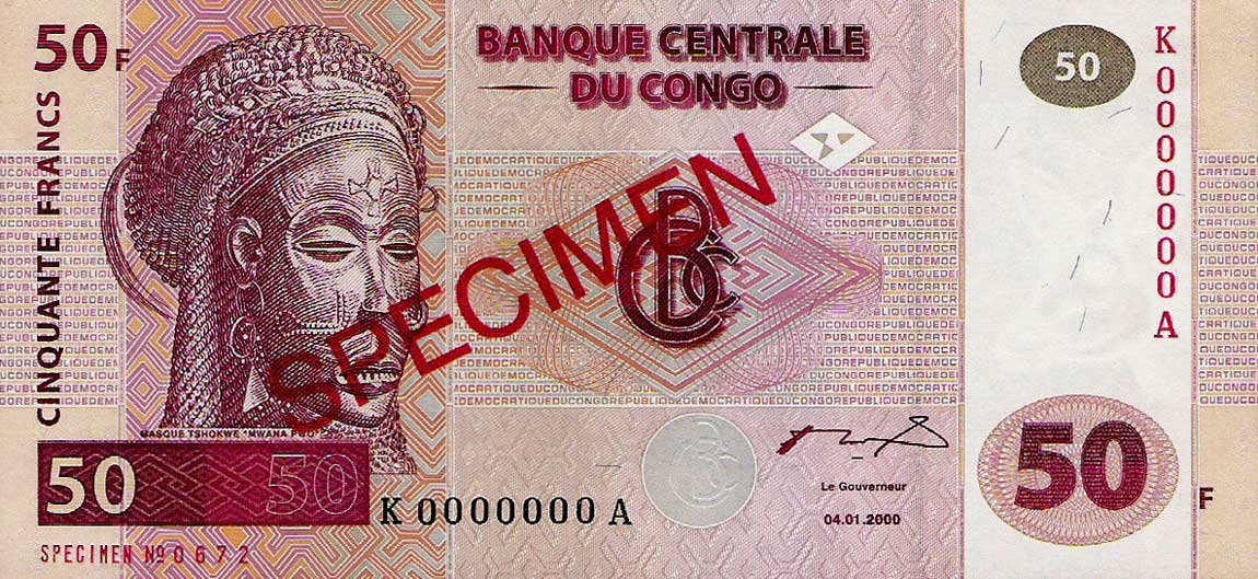 Front of Congo Democratic Republic p91s: 50 Francs from 2000
