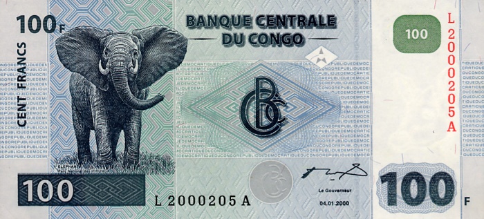 Front of Congo Democratic Republic p92a: 100 Francs from 2000