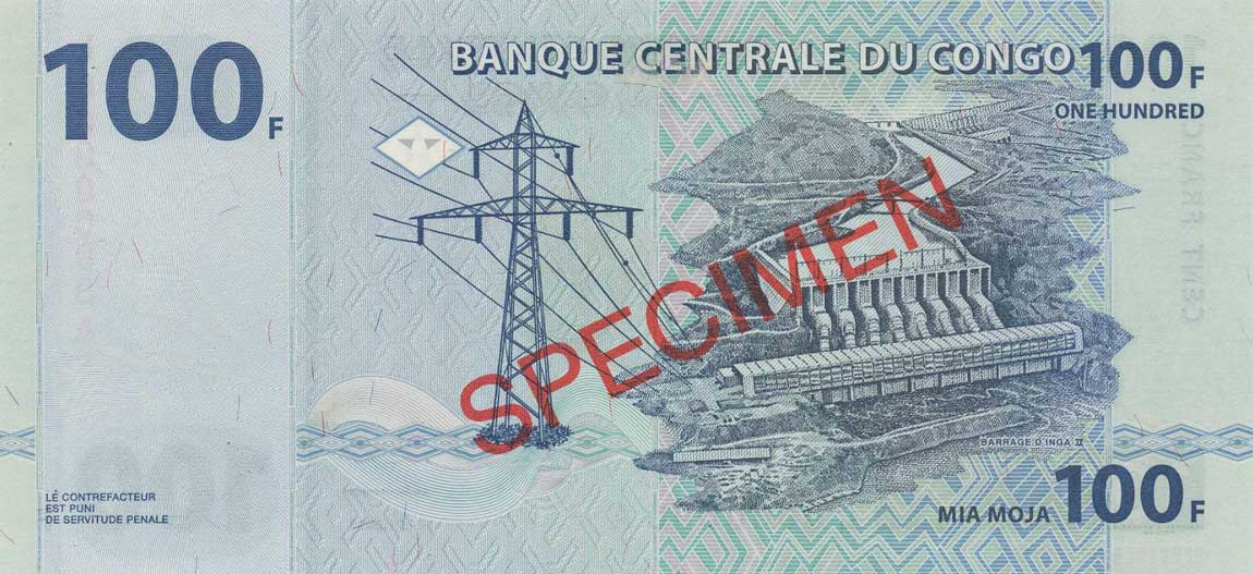 Back of Congo Democratic Republic p92s: 100 Francs from 2000