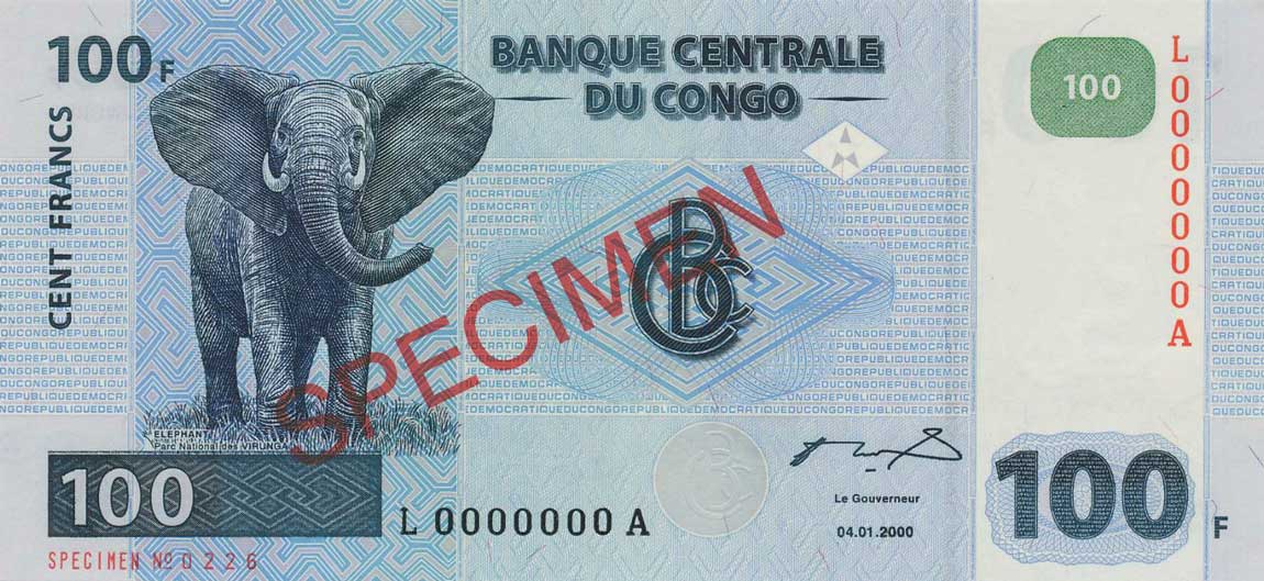 Front of Congo Democratic Republic p92s: 100 Francs from 2000