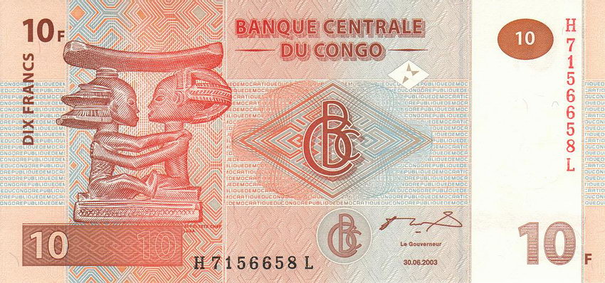Front of Congo Democratic Republic p93a: 10 Francs from 2003