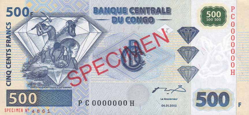 Front of Congo Democratic Republic p96s1: 500 Francs from 2002