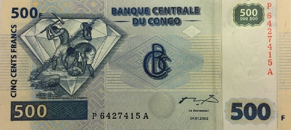 Front of Congo Democratic Republic p96A: 500 Francs from 2002