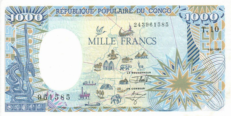 Front of Congo Republic p10c: 1000 Francs from 1991