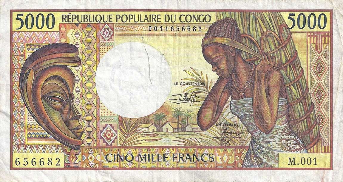 Front of Congo Republic p6b: 5000 Francs from 1991