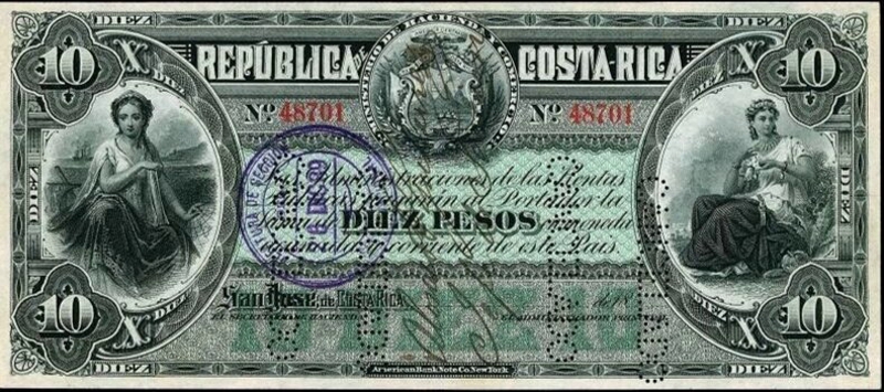 Front of Costa Rica p121a: 10 Pesos from 1884