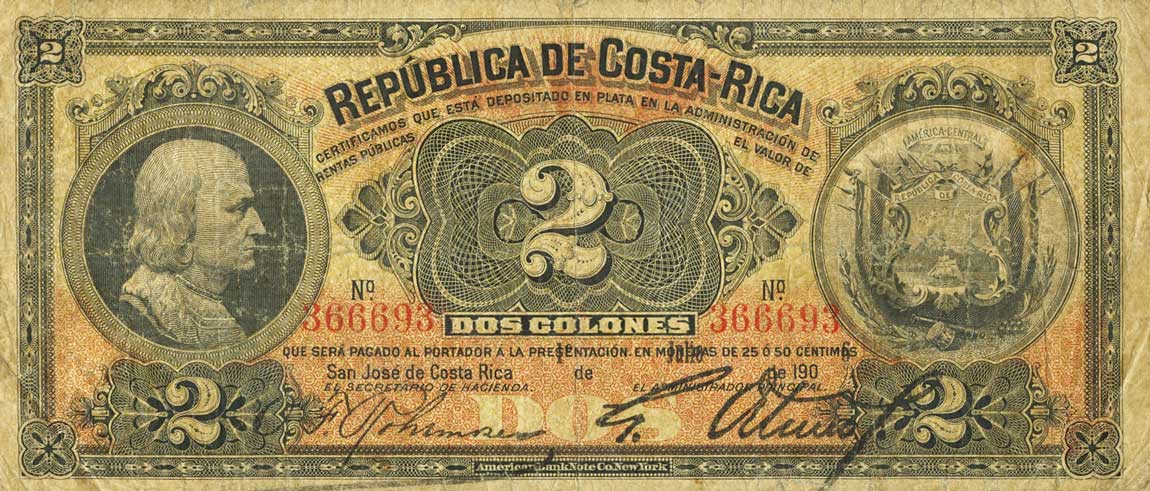 Front of Costa Rica p145a: 2 Colones from 1905