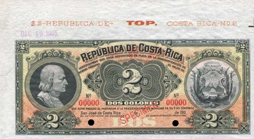 Front of Costa Rica p145s: 2 Colones from 1905