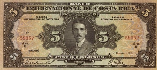 Front of Costa Rica p171: 5 Colones from 1918