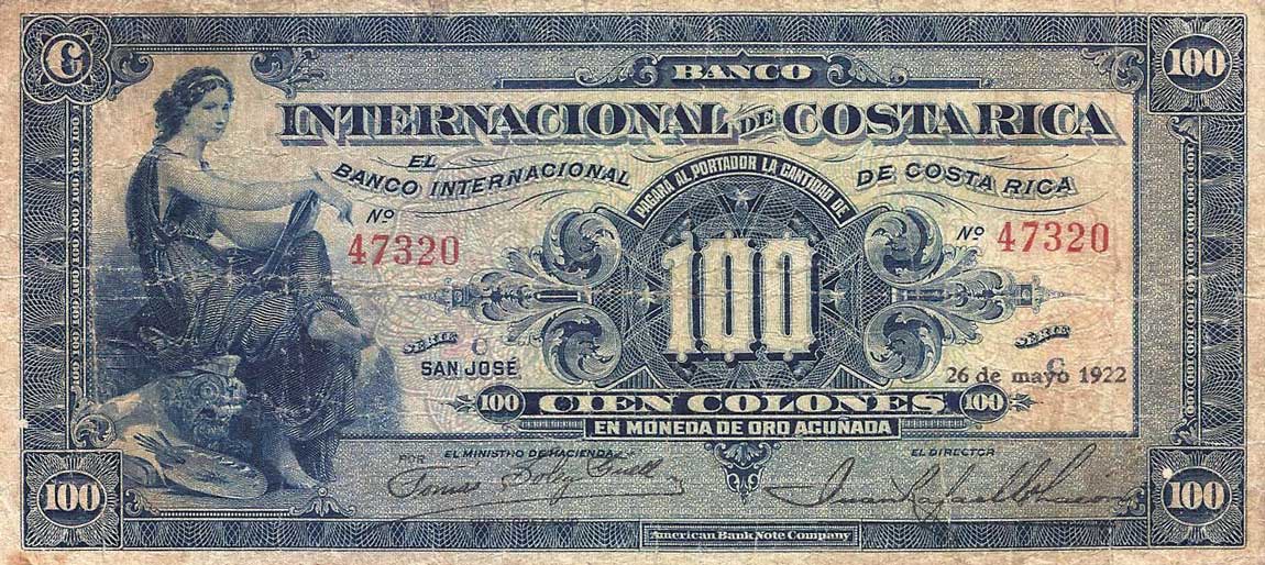 Front of Costa Rica p178a: 100 Colones from 1919