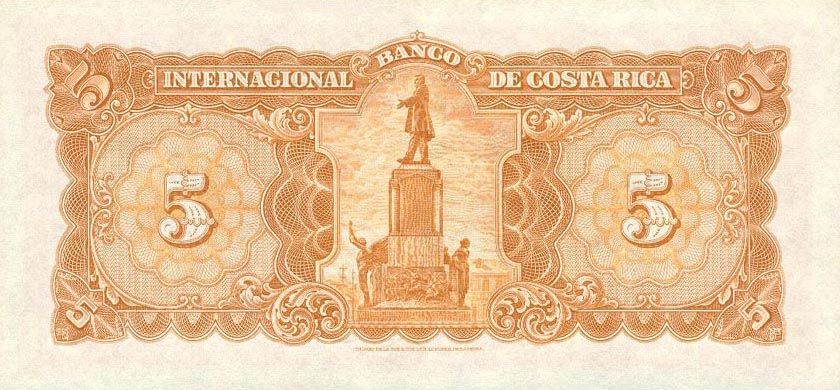 Back of Costa Rica p180a: 5 Colones from 1931