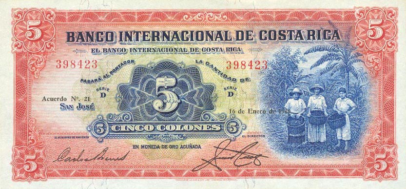 Front of Costa Rica p180a: 5 Colones from 1931