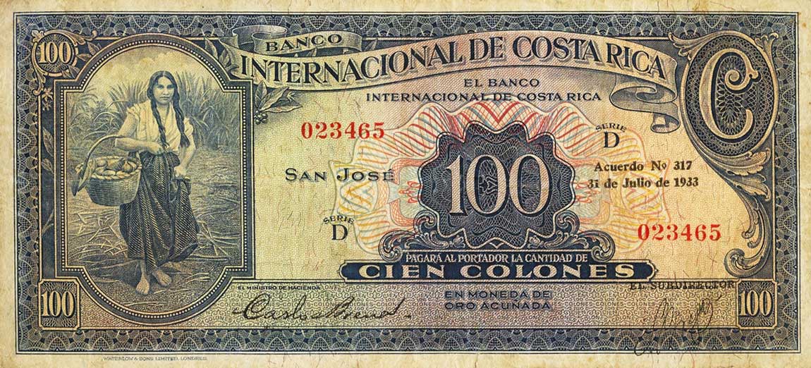Front of Costa Rica p182a: 100 Colones from 1933