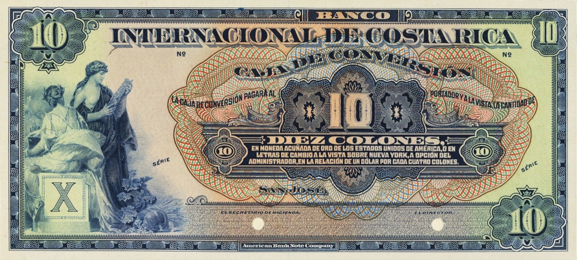 Front of Costa Rica p186p: 10 Colones from 1924