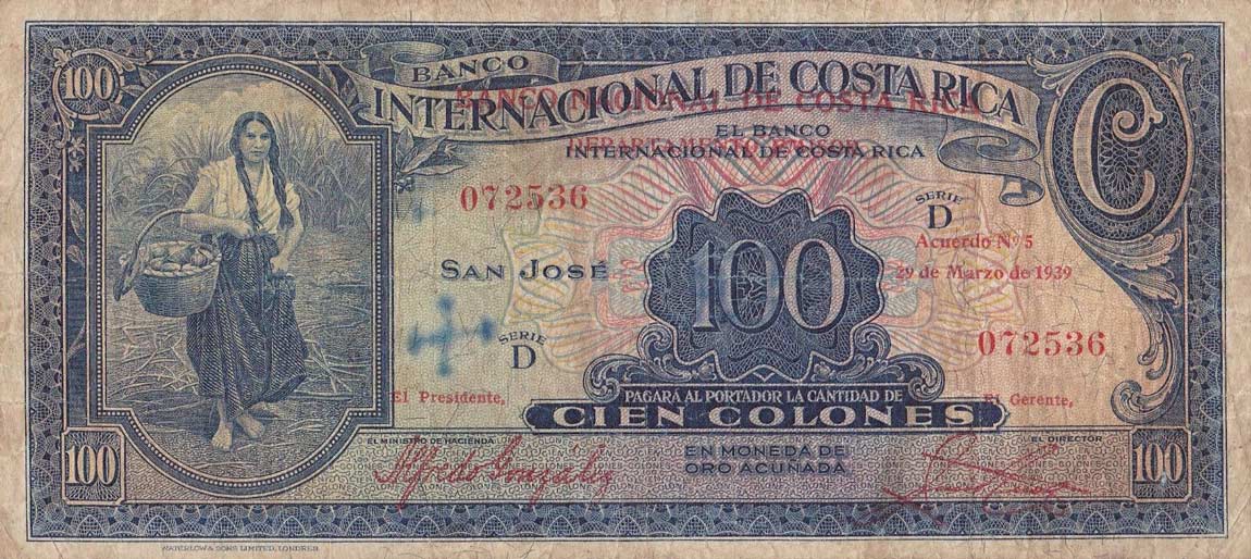 Front of Costa Rica p194a: 100 Colones from 1937