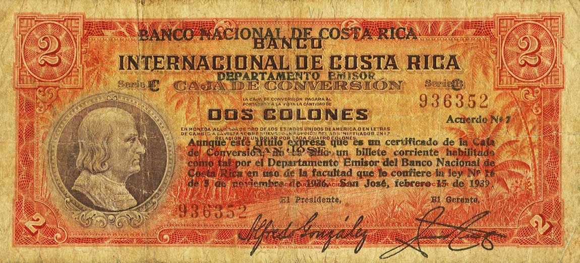 Front of Costa Rica p196: 2 Colones from 1939