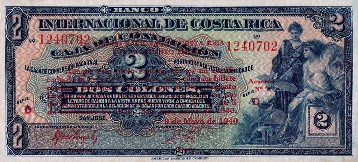 Front of Costa Rica p197b: 2 Colones from 1940