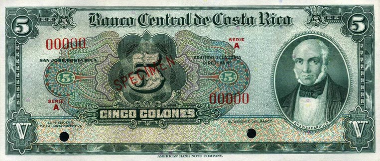 Front of Costa Rica p220s: 5 Colones from 1951
