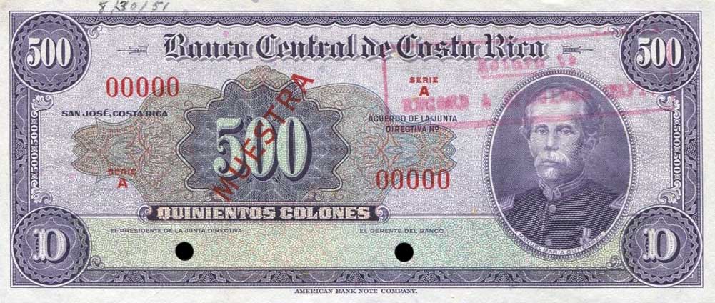 Front of Costa Rica p225s: 500 Colones from 1951