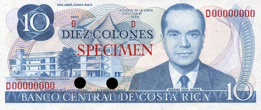 Front of Costa Rica p237s: 10 Colones from 1972
