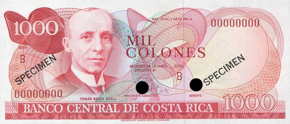 Front of Costa Rica p256s: 1000 Colones from 1986