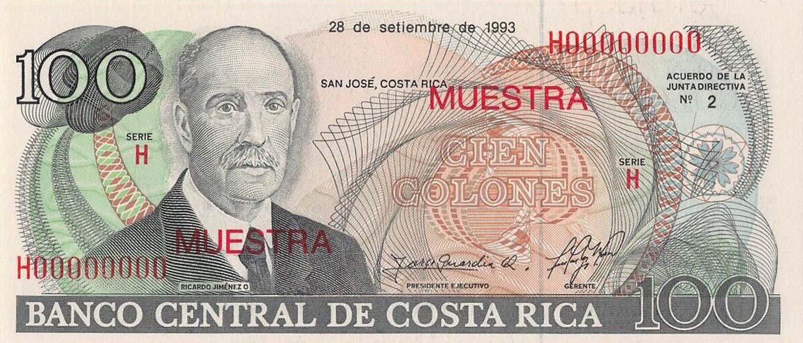 Front of Costa Rica p261s: 100 Colones from 1993