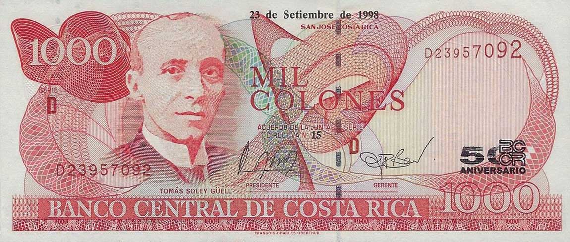 Front of Costa Rica p270: 1000 Colones from 1998