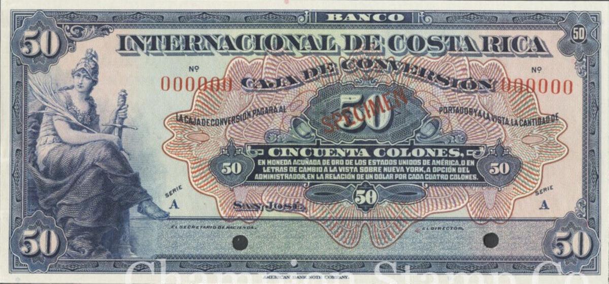 Front of Costa Rica p188s: 50 Colones from 1924