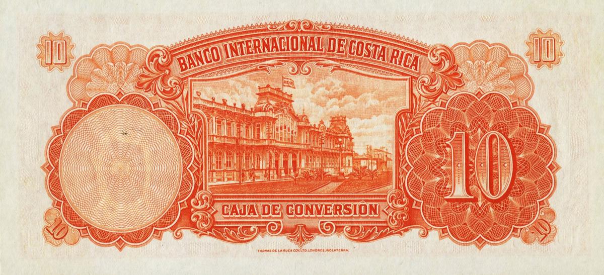 Back of Costa Rica p189B: 10 Colones from 1929