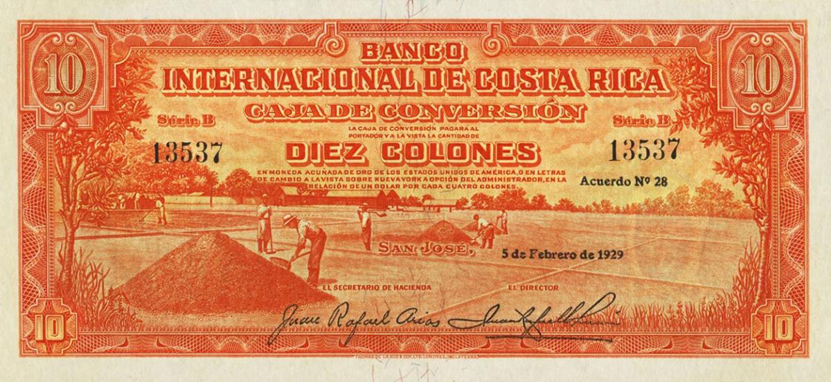 Front of Costa Rica p189B: 10 Colones from 1929