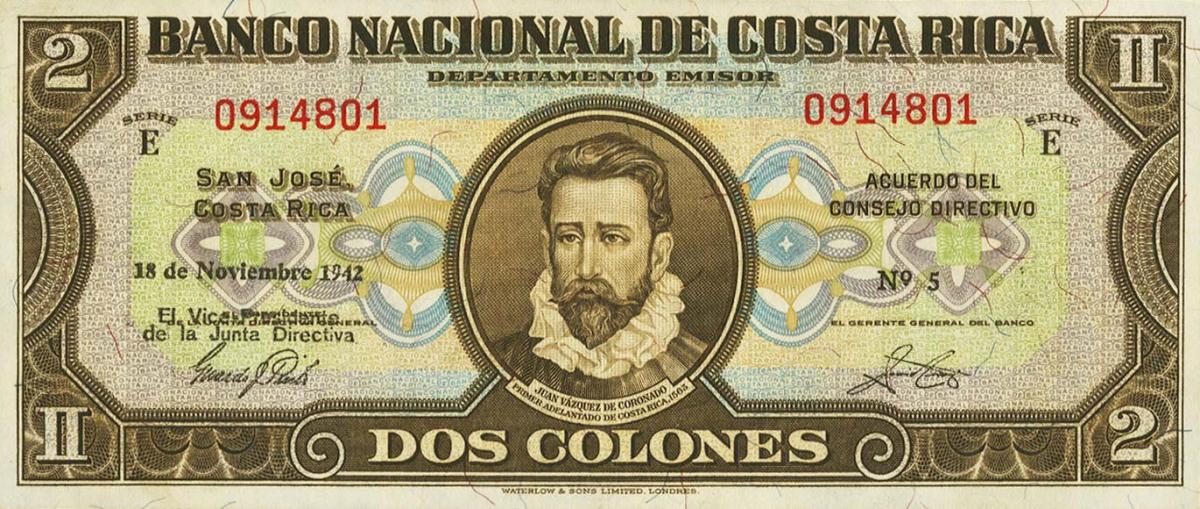 Front of Costa Rica p201c: 2 Colones from 1942