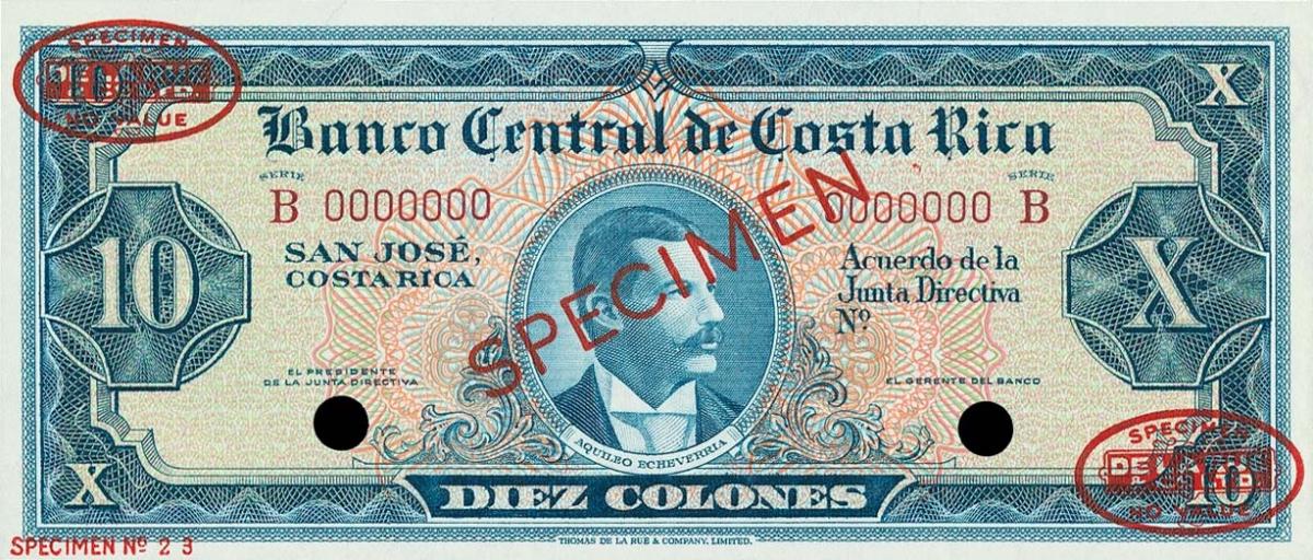 Front of Costa Rica p229s: 10 Colones from 1962